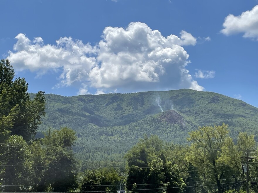 Smoke from a fire on Dobson Knob as seen from Route 221 in this photo taken on Sunday. Image credit: Lisa Jennings, USFS