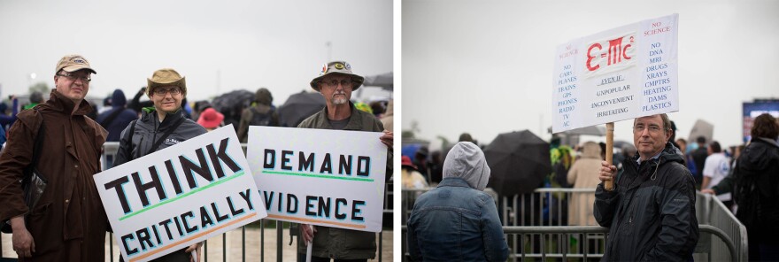 (Left) Tim Baird, Art Sinclair and Jay Sinclair say their lifelong love for science brought them to the march. (Right) Marvin Blecher made his sign. "I think this is perhaps the most recognized scientific equation. I haven't found anybody that would argue with it. It's nonpolitical. It works," he says.
