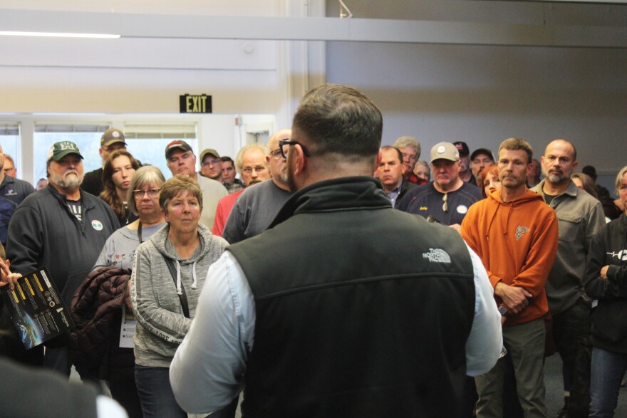 Attendees listen to Alaska LNG Project President Adam Prestidge speak during a project town hall on Wednesday, Oct. 8, 2025 in Nikiski, Alaska.