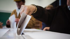 A person casts her ballot at a polling station.