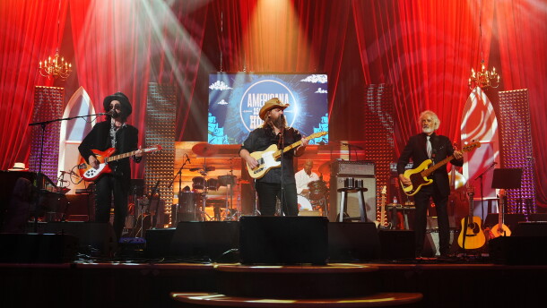 NASHVILLE, TENNESSEE - SEPTEMBER 16: (L-R) Mike Campbell of The Heartbreakers, Chris Stapleton and Ron Blair of The Heartbreakers perform onstage during the 25th Annual Americana Honors & Awards at Ryman Auditorium on September 16, 2026 in Nashville, Tennessee. (Photo by Erika Goldring/Getty Images for Americana Music Association)