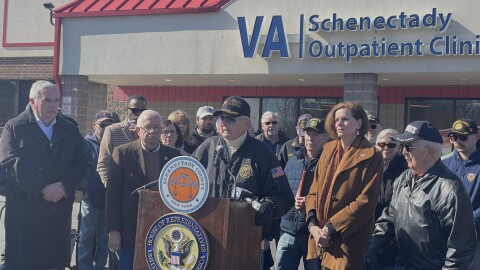 Vietnam War veteran William H. Frank speaking at a press conference outside the Schenectady VA clinic