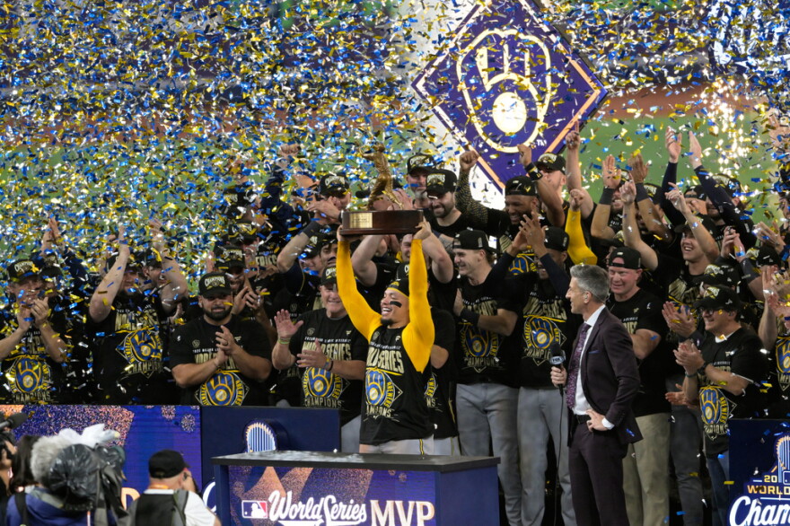 Milwaukee Brewers catcher William Contreras holds the MVP trophy after they won baseball's World Series against the Tampa Bay Rays, Wednesday, Oct. 28, 2026, in St. Petersburg, Fla.