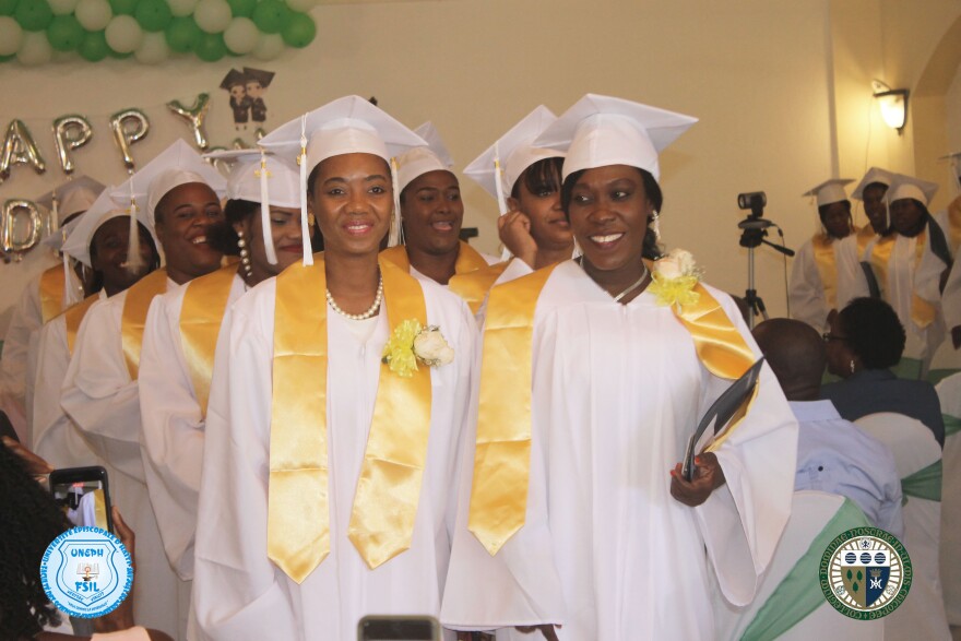 Haitian nurse educators in Elms College's Our Lady of Perpetual Help Haiti Nursing Continuing Education Program at their graduation ceremony in May 2022.