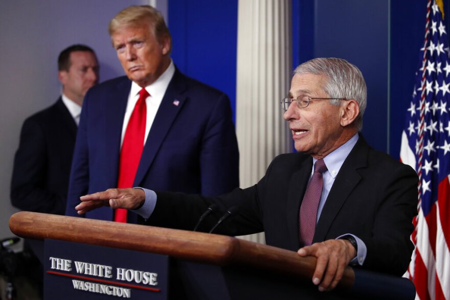 In this April 22, 2020, file photo, President Donald Trump listens as Dr. Anthony Fauci, director of the National Institute of Allergy and Infectious Diseases, speaks about the coronavirus in the James Brady Press Briefing Room of the White House.