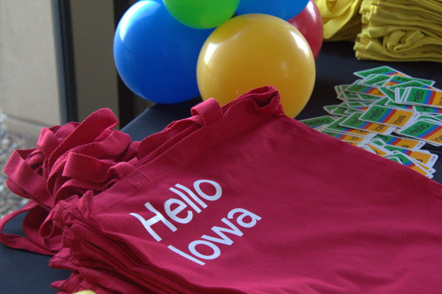 A tote bag with the words "Hello Iowa" on it from Google. 