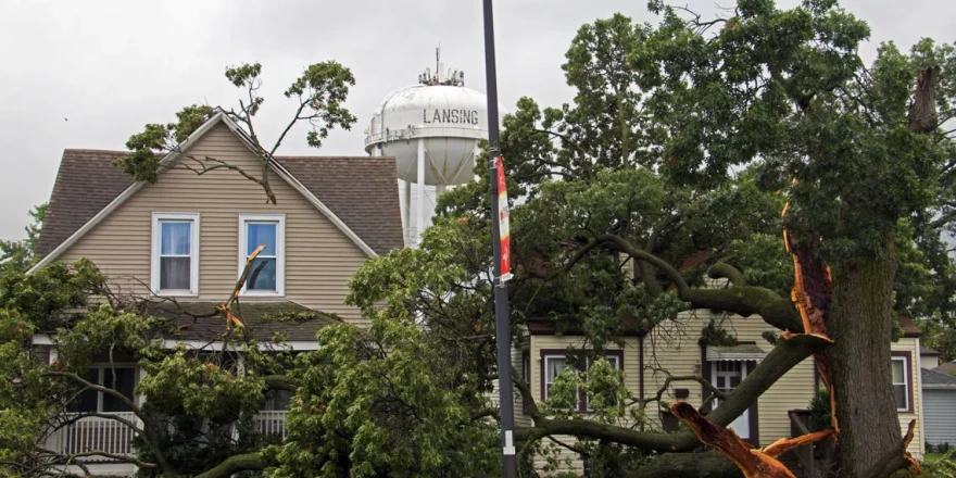 Storm damage can be seen throughout Lansing, Illinois, on Aug. 14, 2026.