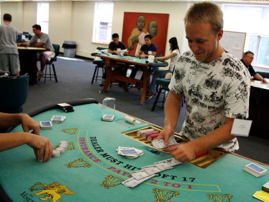 Tyler Baltz practices his table-dealing skills at Northamption Community College in Bethlehem, Pa. Baltz is one of 180 students enrolled in a training program that is helping meet growing demands for qualified dealers at casinos on the East Coast.