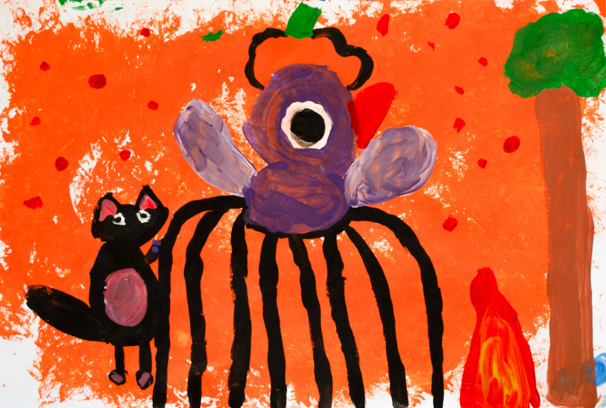 a child's painting of a black cat and a purple bird-spider in front of an orange background with a tree off to the side.