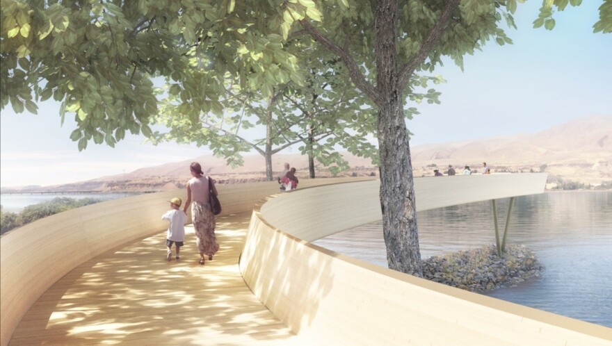 Artist Maya Lin's design for Celilo Park included an elevated arc that would end at the edge of the now-flooded historic falls on the Columbia River.