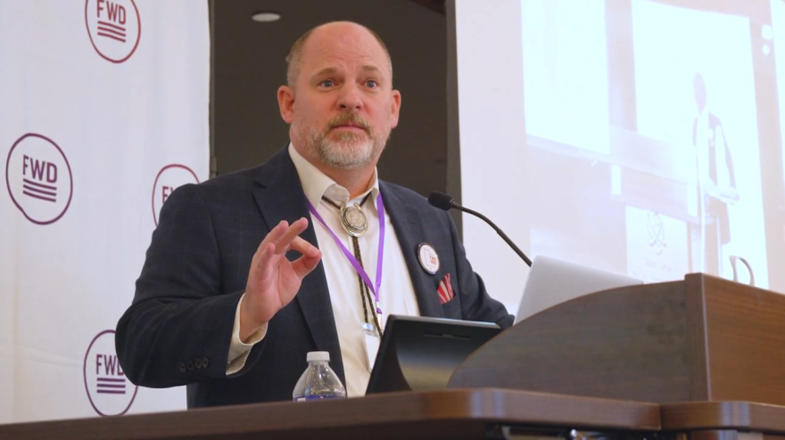 Sen. Dan Thatcher, a former Republican from West Valley City who is now affiliated with the Utah Forward Party, speaks at a joint convention of the United Utah and Utah Forward parties, where members of both parties voted to merge into one. The convention took place at Salt Lake Community College in Taylorsville on April 26, 2025.
