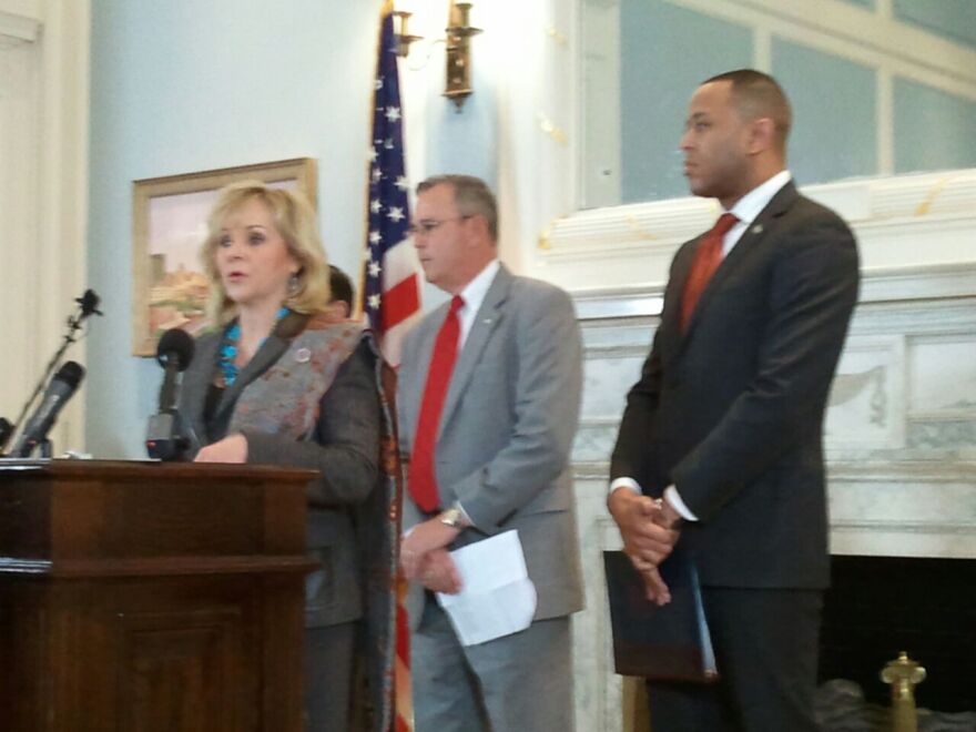 Gov. Mary Fallin, Senate President Pro Tem Brian Bingman (R-Sapulpa), and House Speaker T.W. Shannon (R-Lawton) announce their tax cut proposal in the Blue Room of the State Capitol - April 23, 2013.