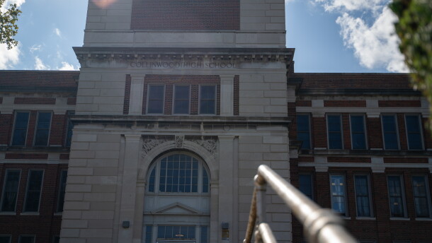 a school above the door it reads "Collinwood High School"