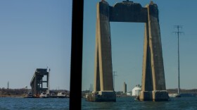 Remnants of the Francis Scott Key Bridge in March 2025. The last remaining portions will be demolished beginning in July. (KT Kanazawich for The Baltimore Banner)