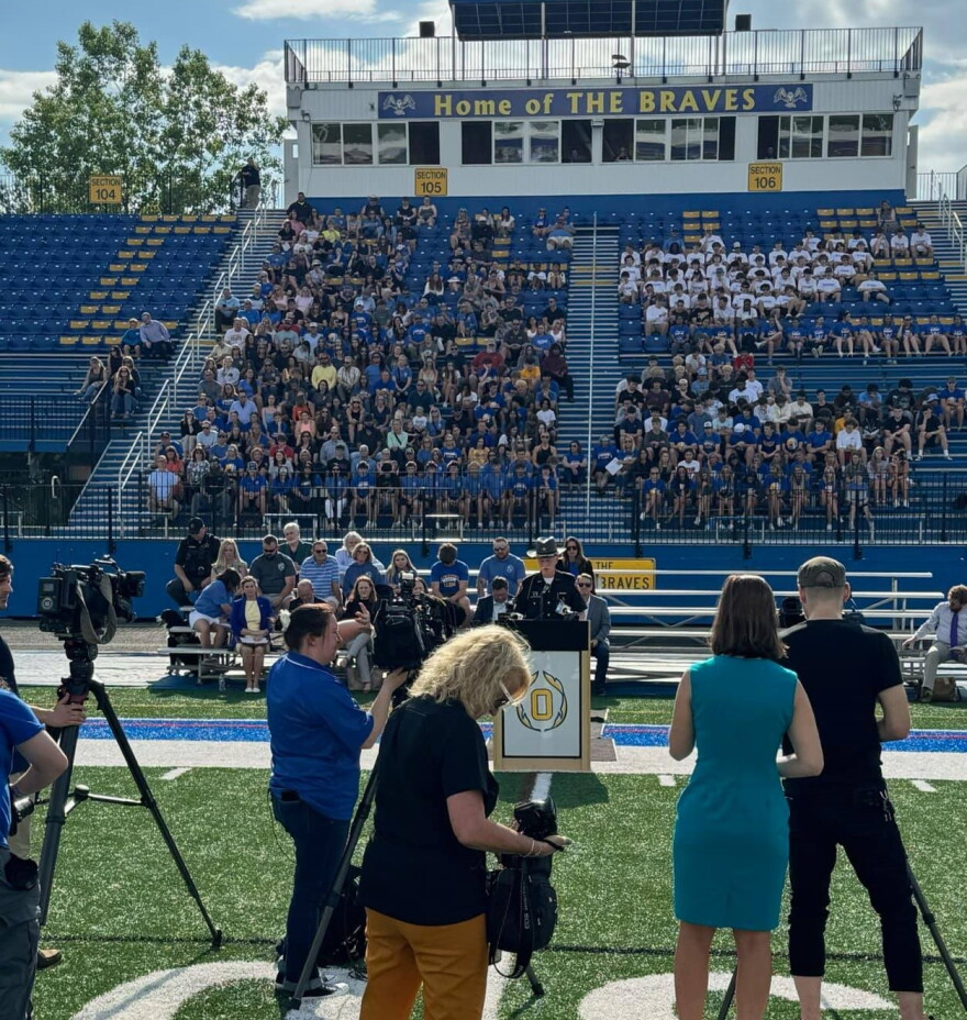 A photo of the press conference at Olentangy High School - where Braden Markus was a student - announcing the introduction of Braden's Law.