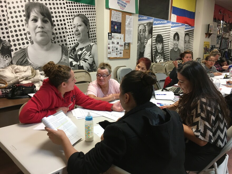 Zoila Gutierrez (left) is a student in the Encuentro home health aide class in Albequerque. Though her youngest daughter is a citizen and two older kids are registered under DACA, Gutierrez doesn't have papers, and knows she may have to leave her job and return to Mexico.