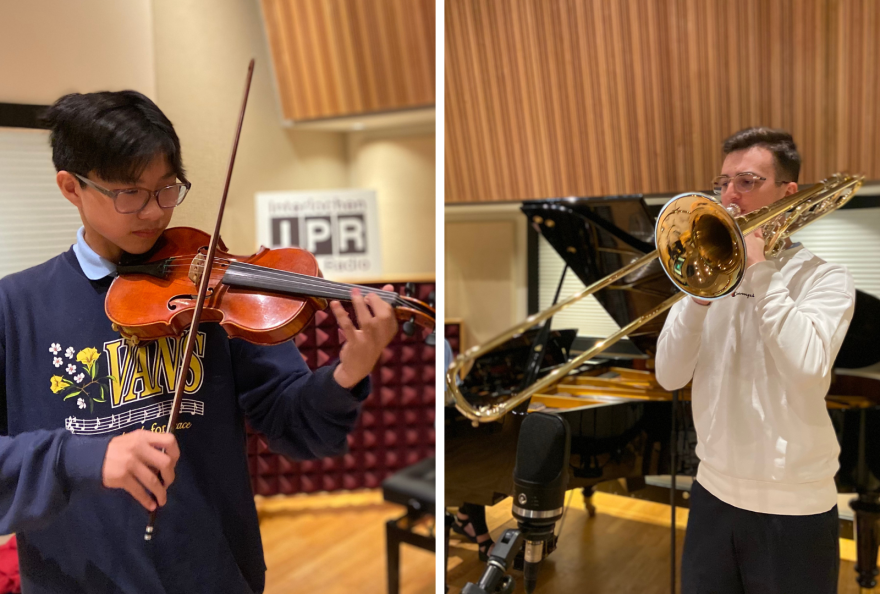  2023 Interlochen concerto winners trombonist Kamil Rybaczyk and violinist Ethan Zhou perform in Studio A.