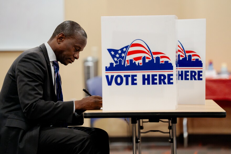 St. Louis Circuit Attorney Gabe Gore casts his ballot in the city’s primary election on Tuesday, March 4, 2025, at the St. Louis Library’s Schlafly Branch in the Central West End neighborhood.