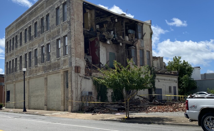 Damage in downtown Suffolk following a tornado that touched down during Tropical Storm Isaias in 2020.