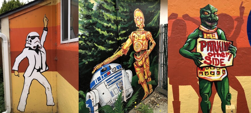 Random and quirky characters greet visitors at every corner of the Itty Bitty Inn. (From L to R:) An Imperial Discotrooper; R2-D2 and C3-PO; a Gorn commander and enforcer of parking rules.