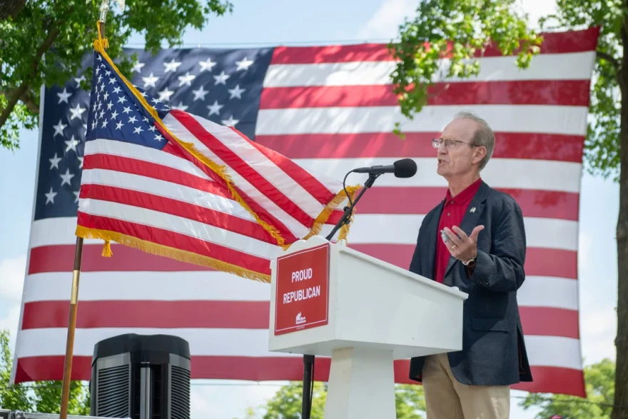Senate candidate Don Tracy, who previously chaired the Illinois Republican Party, delivers a speech on Republican Day at the Illinois State Fair on Aug. 20, 2026.