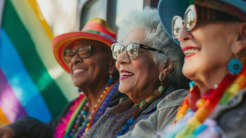 Older adults are seen sitting happily under a rainbow flag, with warm smiles and stylish sunglasses. The vibrant colors of the flag and their joyful expressions symbolize the essence of LGBTQ+ pride