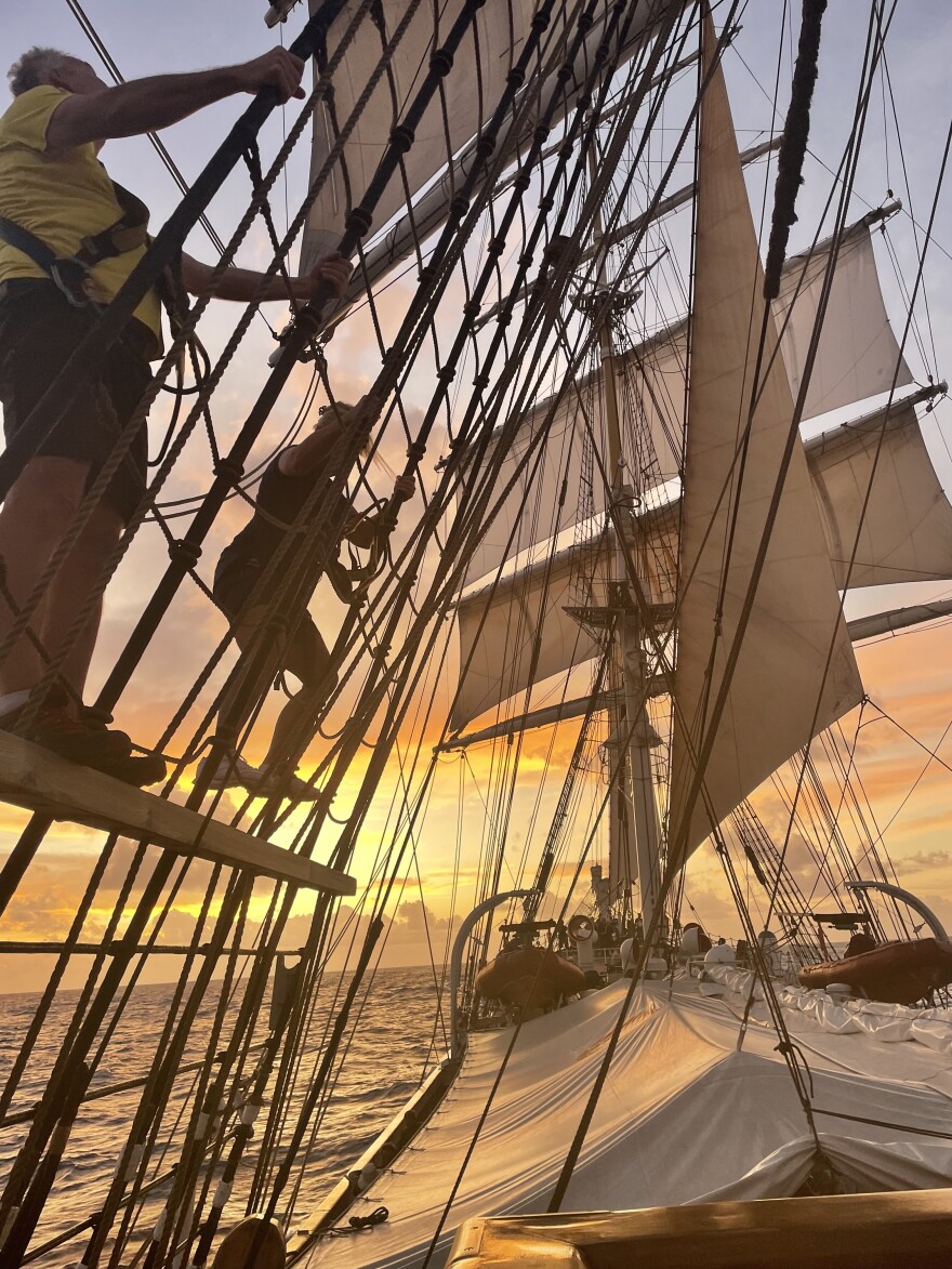 The crew of the Statsraad Lehmkuhl at work.