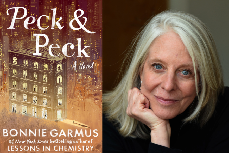 The cover of "Peck & Peck" beside author Bonnie Garmus. (Courtesy of Bonnie Garmus)