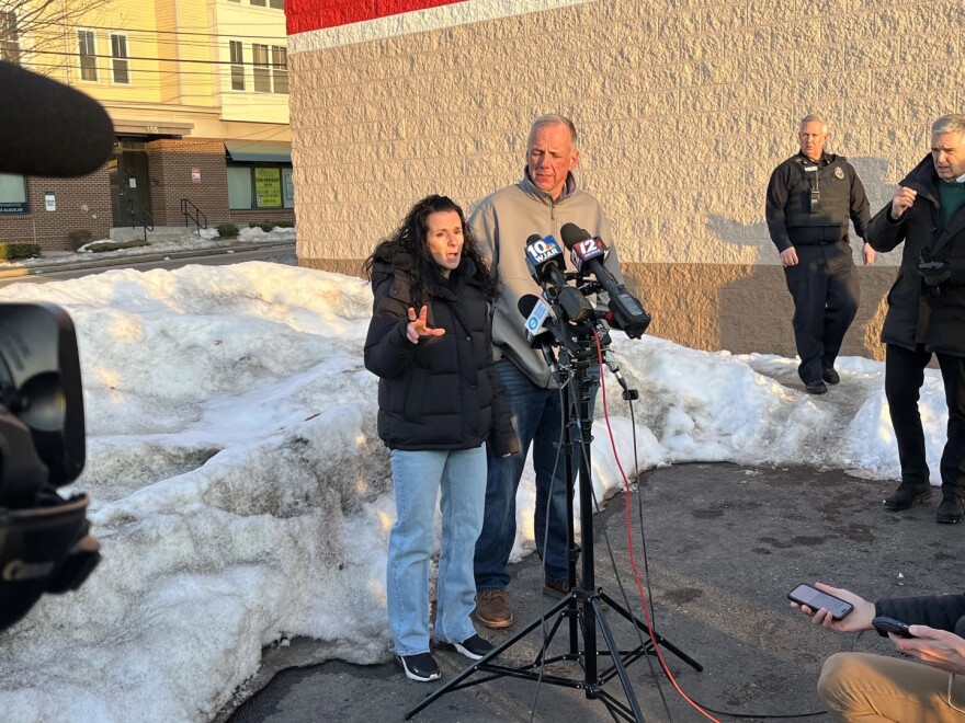 Pawtucket Police Chief Tina Goncalves (left) and Mayor Donald Grebien make their first statements on the Pawtucket shooting from earlier today.