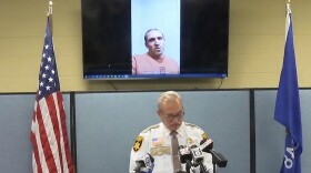 This still image provided by Green Lake County Sheriff's Office, Sheriff Mark Podoll holds a news conference regarding Ryan Borgwardt, who faked his own drowning this summer on Thursday, Nov. 21, 2024 in Green Lake, Wis. (Green Lake County Sheriff's Office via AP)