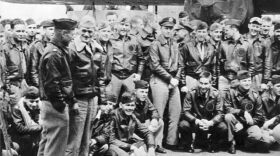 Orders in hand, Navy Capt. Marc A. Mitscher, skipper of the USS Hornet (CV-8) chats with Lt. Col. James Doolittle, leader of the Army Air Forces attack group. This group of fliers carried the battle of the Pacific to the heart of the Japanese empire.