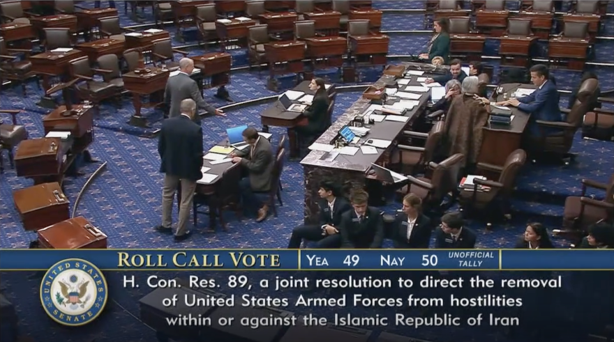 Frame grab from recent Senate vote on the Iran War.