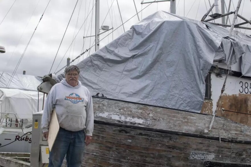Petersburg troller Mark Roberts working on his fishing vessel, the Cape Cross, on May 24, 2024.