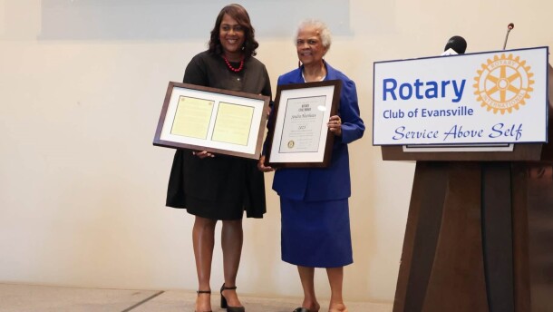Evansville Mayor Stephanie Taylor presents the Rotary Civic Award to Sondra Matthews, July 7, 2026