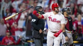 Philadelphia Phillies' Kyle Schwarber celebrates after a home run against the Arizona Diamondbacks during the sixth inning in Game 2 of the baseball NL Championship Series in Philadelphia, Tuesday, Oct. 17, 2023. (AP Photo/Matt Slocum)