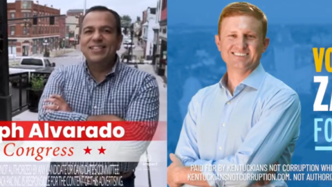 Screenshots of PAC ads supporting Democrat Zach Dembo and Republican Ralph Alvarado in central Kentucky's 6th Congressional District race.