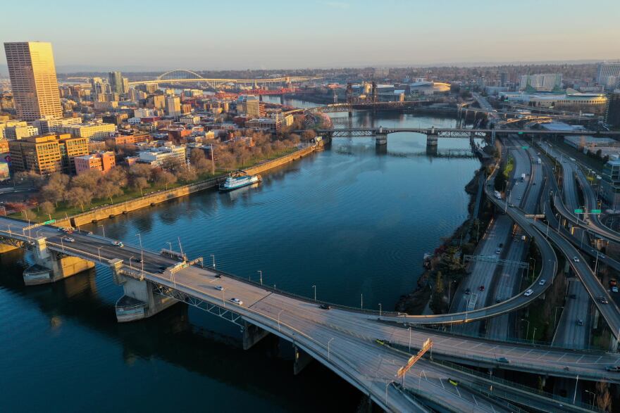 Morning rush hour emptied of cars in downtown Portland, Oregon during coronavirus pandemic, March 20, 2020.