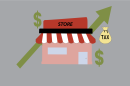 A graphic depicting a store with a green arrow representing rising costs as a result from slashed income tax rates