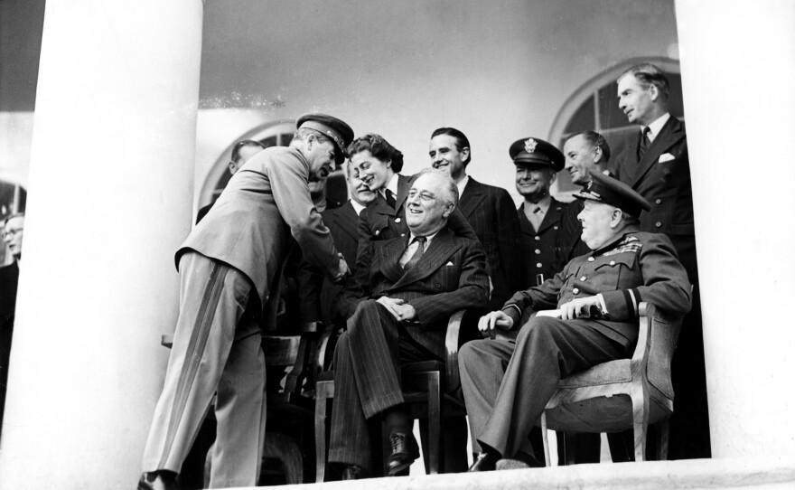 Disabled by polio, Franklin Delano Roosevelt, the 32nd president, controlled his public image to deflect attention from his paraplegia. Roosevelt is seen with British Prime Minister Winston Churchill and Soviet leader Joseph Stalin at the Teheran Conference on Dec. 7, 1943.