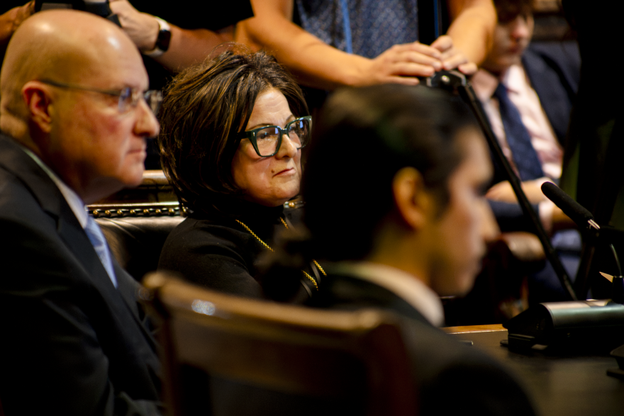 Iowa Economic Development Authority Director Debi Durham listens to subcommittee testimony about the Mesabi Metallics steel plant. The IEDA Board would set the terms of any final incentives contract with the company.