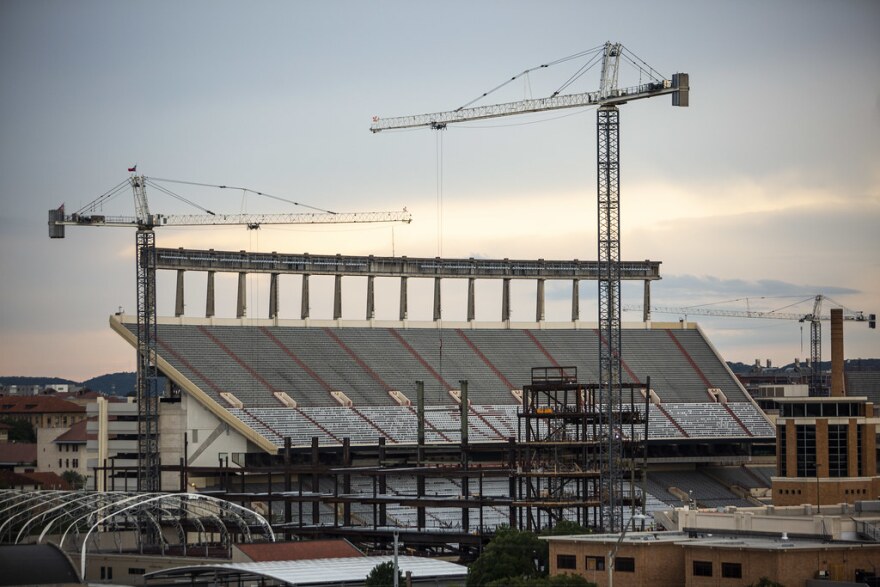 UT Austin's DKR-Texas Memorial Stadium undergoing renovation work on May 28.