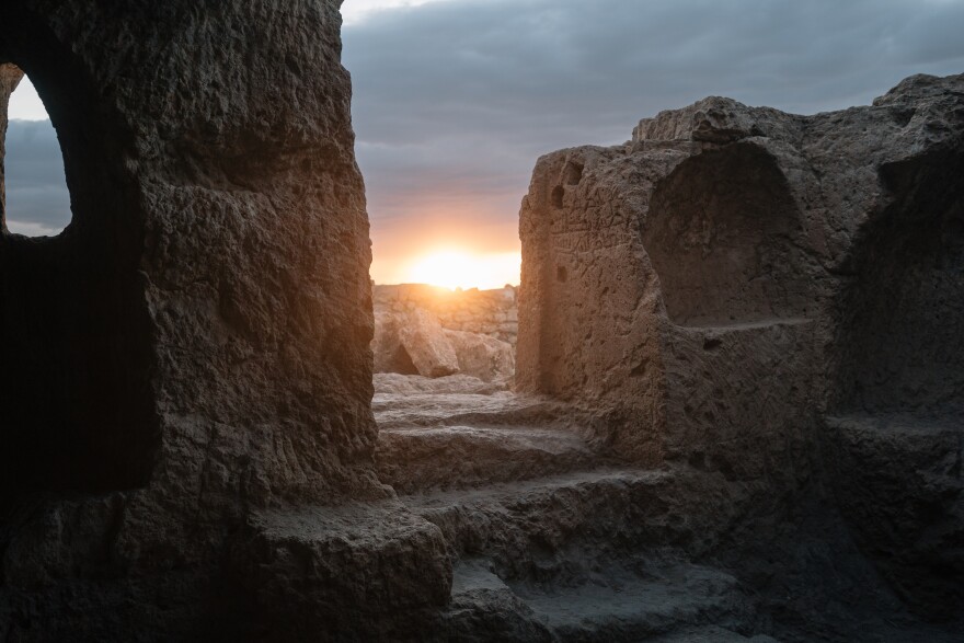 The entrance to the Mithras temple seen from inside.