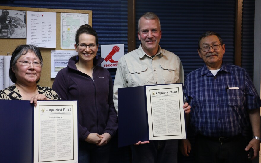 Sen. Dan Sullivan presents KYUK with a Congressional Tribute to retired KYUK employee John Active. Sullivan presented the honor after a live, call-in show at KYUK with Radio Director Julia Jimmie, News Director Anna Rose MacArthur, and Yup'ik translator P