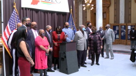 Members of the Indiana Legislative Black caucus gather at the Capitol on March 2nd, 2021.