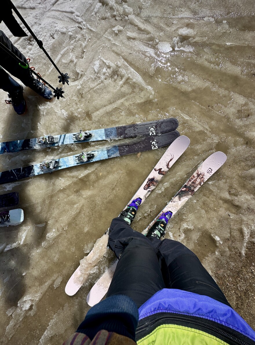 Skis in slushy, melted snow. 