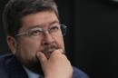 Bolivian presidential candidate Samuel Doria Medina listens to questions during an interview, in La Paz, Bolivia, Wednesday, July 30, 2025. (AP Photo/Juan Karita)