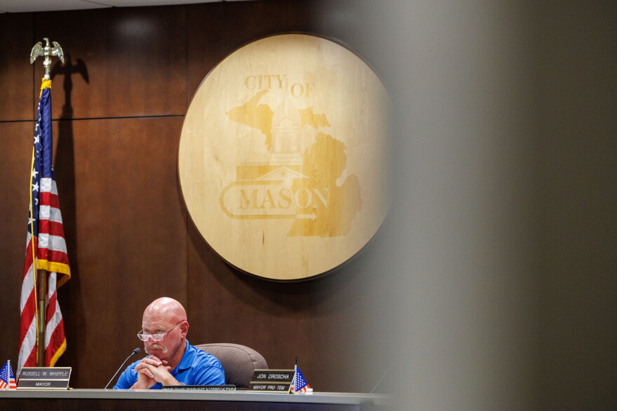 Mason Mayor Russell Whipple speaks during a Mason City Council meeting and town hall about potential data center developments in Mason, Mich., on Sept. 14, 2026.