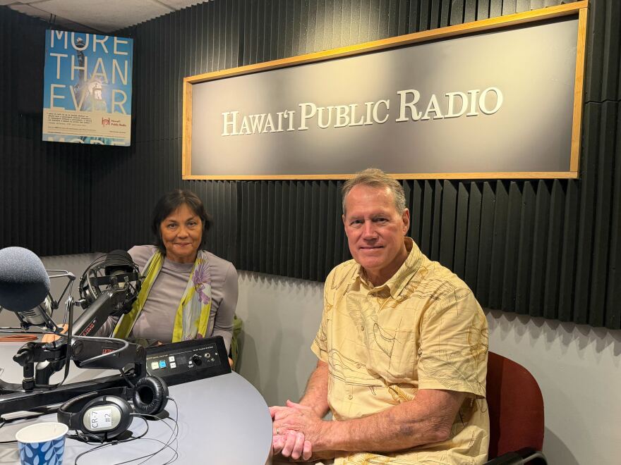 The Conversation host Catherine Cruz, left, with U.S. Rep. Ed Case, right, on March 12, 2026.