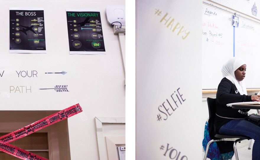 <strong>Left:</strong> Posters — The Starter, The Ramper, The Boss and The Visionary — are taped to the walls of all Incubator classrooms to encourage students on their personal journey of learning something new. <strong>Right: </strong>Serenity Anderson works on a student project.