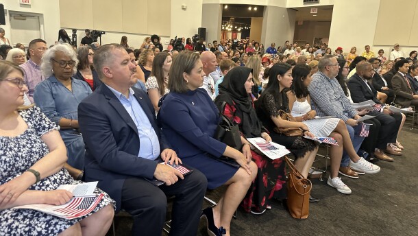 Newly inducted U.S. citizens at the Charlotte Museum of History on the Fourth of July.